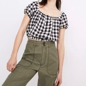 Madewell Linen-Blend Puff-Sleeve Button-Front Crop Top in Gingham Check!